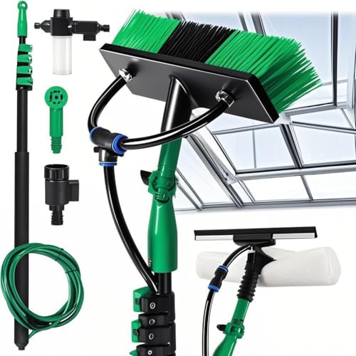 Izrielar Teleskop Waschbürste, 4.8m Waschbürste mit Teleskopstiel, Aluminium Teleskopbürste mit Wasseranschluss,Terrassendach & mit Weiche Borsten,Hochdruckadapter & 10-in-1 Zubehör
