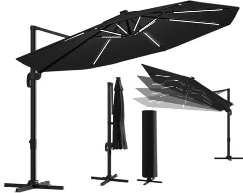 STEELSØN Sonnenschirm Lyrion 350 cm Durchmesser, Ampelschirm mit Abdeckung LED Solar, Gartenschirm wetterfest mit UV-Schutz, Aluminium, rund, schwarz