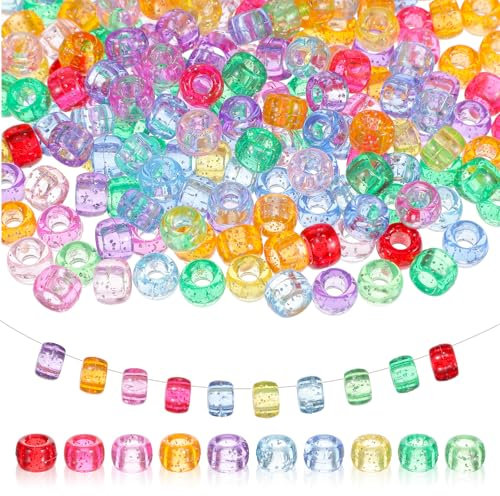 Tyqour 200 Stück Pony Beads Bunte Pony Perlen zum Auffädeln Große Loch 6x9mm Armbandperlen Perlen für Haarflechten Kunststoffperlen für Schmuck, Ketten, Haarflechten, Schlüsselanhänger, Basteln