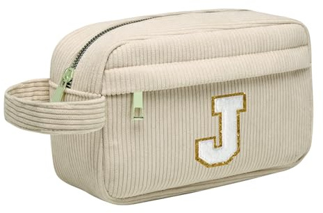 Kosmetiktasche Damen, Cord Reise Schminktasche, Beige Make Up Tasche Organizer, Tragbare Makeup Bag, Personalisierte Geschenke für Frauen Mädchen Tochter Schwester Freundin Kollege, Buchstaben J