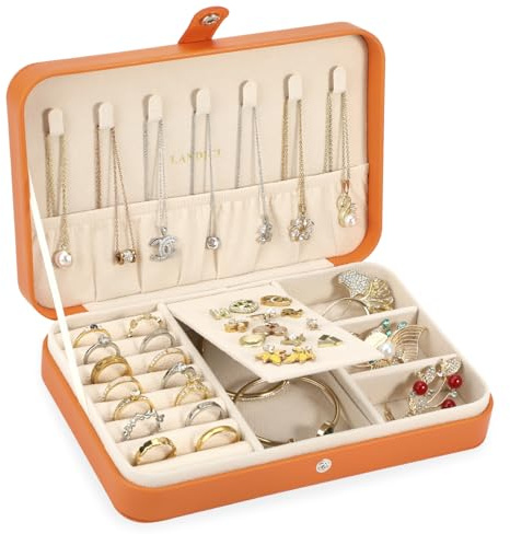 LANDICI Jewellery Box Small Jewellery Organiser for Women Girls, Orange | PU Leather Travel Jewellery Storage Case, Portable Jewellery Holder for Ring Earrings Necklace Bracelet, Jewellery Gift Box