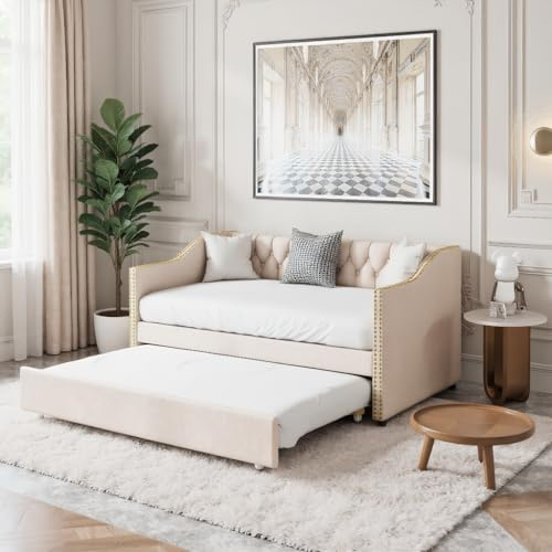MISNODE Gepolstertes Schlafsofa 90/180 x 200 cm, Multifunktionales Schlafsofa mit Ausziehbett, 2-Sitzer-Sofa mit Lattenrost, Doppelbett aus Samt, Beige, Keine Matratze (Beige, 90/180 x 200 cm)