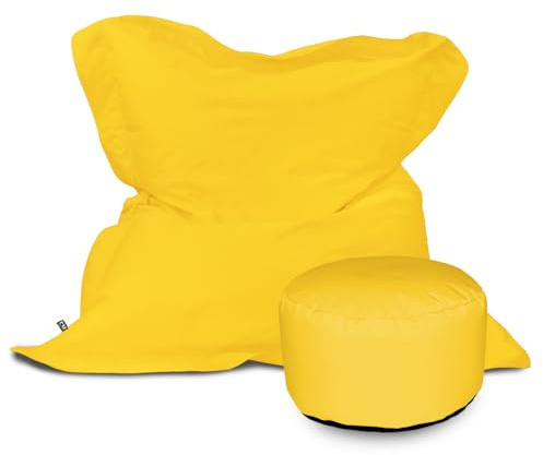 rucomfy Beanbags Giant Indoor/Outdoor Adult Squashy Squarbie Bean Bag. Use as Cushion, Chair or Lounger. Water & UV Resistant 170 x 130cm (Yellow, with Footstool)