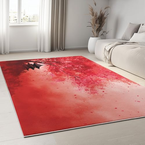 Weicher Traditioneller Chinesischer Stil Teppich 80x150 cm, Waschbarer Rutschfester Rote Blumen Türme Bodenteppich - Hautfreundlich Kurzflor Teppich für Wohnzimmer Schlafzimmer Büro Kinderzimmer