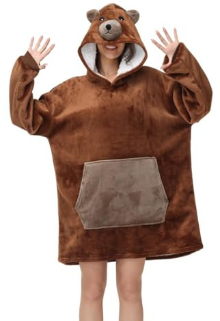 chuangminghangqi Unisex Kuscheldecke zum Anziehen mit Ärmeln und Kapuze Winter Comfy und Warm Sofadecke Übergroßes Braunbär Decken Pulli Damen Lustige Riesen Hoodie Decke