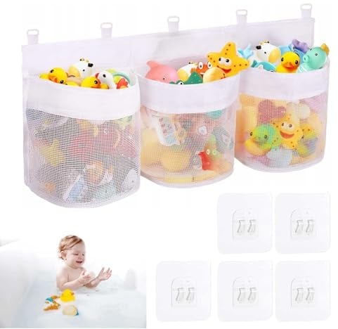 Bath Toys Organizer Net with 5 Strong Self Adhesive Hooks(White) | Mesh Baby Toy Storage with 3 Compartment Large Openings Quick Drying Tidy Mesh Bag for Bathroom Toy