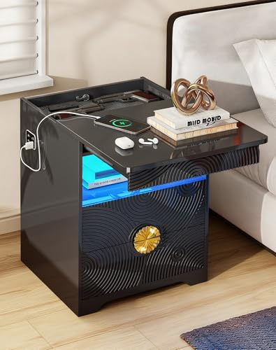 FREDEES LED Bedside Table with Hidden Drawer for Bedroom, Black | 3-Color LED Lights, Human Sensor, Charger Station, 2 Drawers, Modern End Table