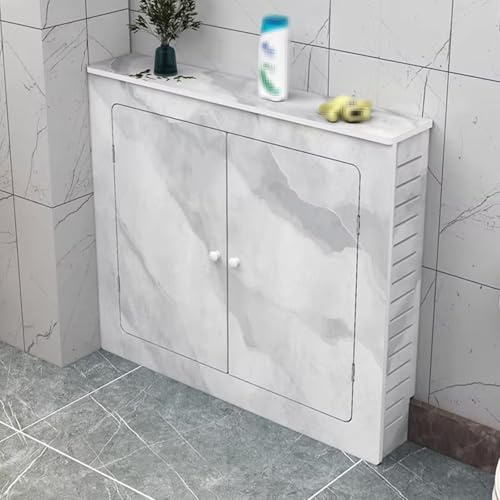 Heizungsverkleidung Weiß PVC-Material Dreiseitiges Design Marmoroptik Heizkörperverkleidung Vormontierte Sockelleiste Individuell Anpassbar Heizkörperregal Verdeckt Unschöne Rohre(A,60x15x70cm)