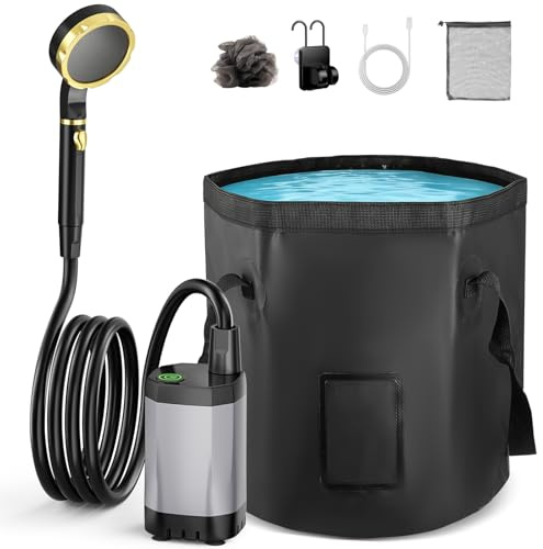 GJCrafts Ducha portátil de agua caliente, 7800 mAh recargable, con cubo plegable de gran capacidad, cabezal de ducha con filtro, bomba de ducha para exteriores para senderismo, autocaravanas