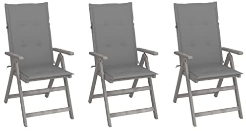 SooIarix Verstellbare Gartenstühle 3er Set, Massivholz Akazie Grau Lackiert, 5-Positionen Verstellbar, Wetterfest, mit Bequemen Grauen Auflagen, für Garten, Balkon