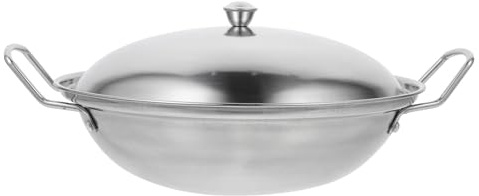 Mikikit Wok Pfanne Edelstahl Ø 22.9cm mit Griff und Deckel Robuster Wok für Gas und Elektroherd Praktisches Küchengeschirr für Familienküche