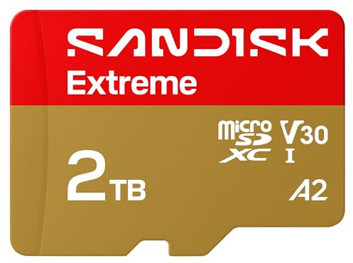 SANDISK Carte microSD extrême de 2 to + Adaptateur, jusqu'à 245 Mo/s en | UHS-I, V30, 5K et 4K UHD, U3, C10, A2, vitesse d'écriture jusqu'à 150 Mo/s, idéal pour caméras d'action + drones