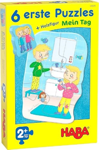 HABA 305235-6 erste Puzzles – Mein Tag, Puzzle ab 2 Jahren mit extragroßen Teilen und Holzfigur zum freien Spielen