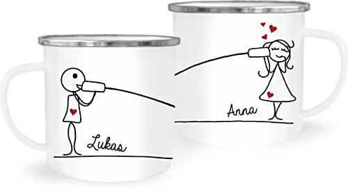 SpecialMe® Emaille-Tasse mit Namen Liebes-Paar Strichmännchen Motiv personalisierbar Liebesgeschenke Valentinstag Weihnachten (1 Tasse) Variante 1 weiß-metall Emailletasse