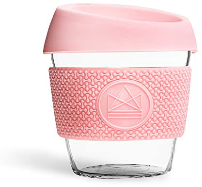 Neon Kactus Glass Coffee Cup | Reusable Glass Cup with Lid for Home or On the Go | Travel Coffee Cup | For Hot & Cold Drinks | Durable, Non-Permeable, Non-Slip, Splash-Proof | Pink Flamingo, 8oz