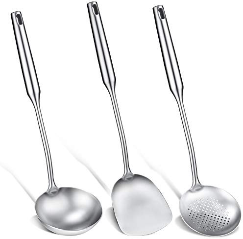 Set di 3 utensili per wok e mestolo, set di utensili da cucina in acciaio inox con schiumarola, spatola per wok e mestolo per pentole antiaderenti