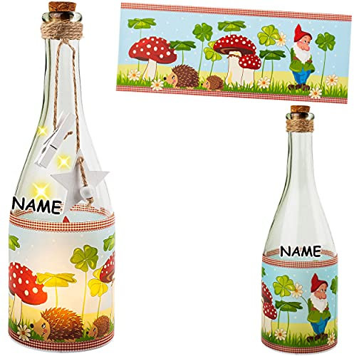 alles-meine.de GmbH Glas - Lichterflasche Motiv frei wählbar 6 Stück LED Glück - Pilz - Kleeblatt & Igel inkl. Name - Timer Funkiton - LICHT Dekoflasche/Flasche - 28 cm..