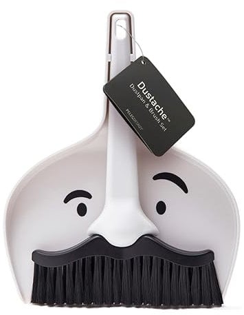 Peleg Design Dustache – Set Paletta e Spazzola Baffi per Pulire Tavoli, Scrivanie e Auto – Scopa con Manico Nero e Bianco, Scopa e Paletta Salvaspazio