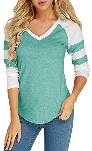 Foshow Langärmeliges Baseball-T-Shirt für Damen, Jersey, gestreift, V-Ausschnitt, Blusen, Grün , Mittel
