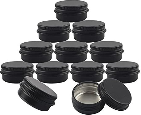 BasicPacking 24 Stück 10ml Matt Schwarz Leere Rund Aluminiumdose mit Schraubdeckel Alu-Dose Aluminium Schraubdose Cremedose Kerzendosen Kosmetikdosen Blechdosen Aludose mit 24 Stück 25mm Aufkleber