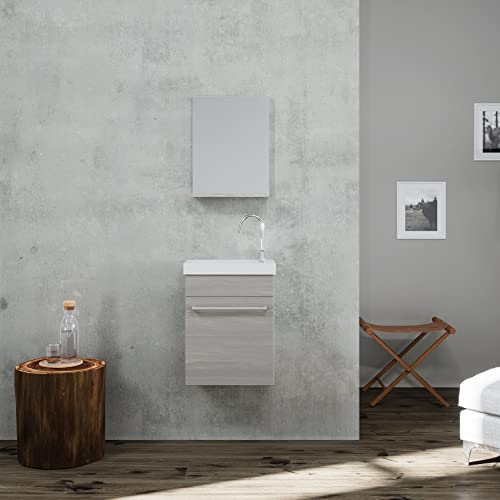 Kiamami Valentina Mobiletto sospeso salvaspazio per Bagno Grigio effetto Legno con Specchio e Lavabo | Smart