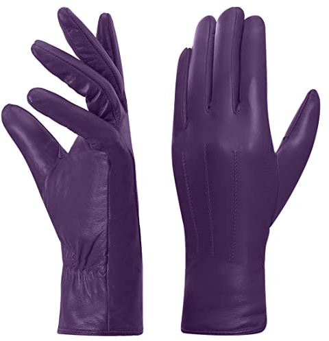Harssidanzar Lederhandschuhe Damen, Winter Warm Fleecefutter Touchscreen Vintage Finished GL018EU,Lila,Größe M