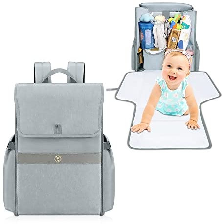 SONARIN Baby Wickelrucksack und Wickelunterlage,2-in-1 Leicht Wickeltasche Baby Wickelunterlage Wasserdichte Babytasche Wickeltasche Rucksack mit Kinderwagen Haken für Mama und Papa(Grau)