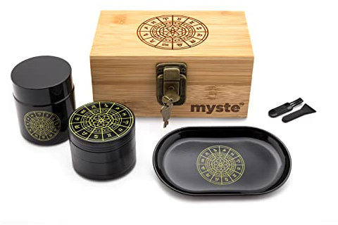 MYSTE ZODIAC Setaccio con Accessori, Grande Tritarore da 2.5'' (63mm), Stashbox, Set di Legno Antiodore, Kit Premium Combo di Stashbox con Serratura