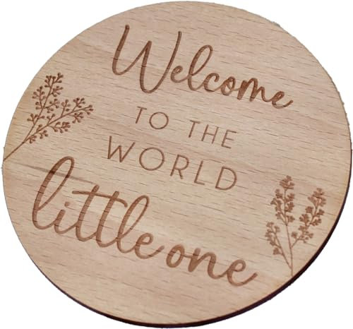 Letrero de llegada del bebé | Welcome to The World | Hello World My Name is l Placa con nombre grabado | Regalo de nacimiento de madera | Disco de utilería para fotos de redes sociales (chapa de haya,