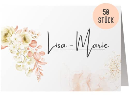 50 Namenskarten Hochzeit by Things of Happiness | Sitzplatzkarten Blanko | Platzkarten, Tischkarten Namensschilder 50er Set im Boho Design (Koralle Peach Rosen)