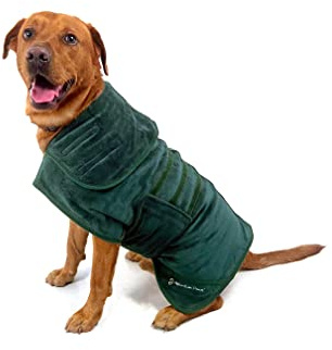 Mountain Paws Hunde-Trockenmantel | Mikrofaser-Hundehandtuch | super saugfähiger Hunde- oder Welpen-Bademantel mit verstellbarem Kragen/Kapuze und Bauchgurt | super weich | schnell trocknend, Grün