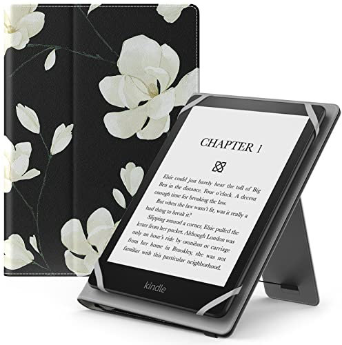 MoKo Étui Universel pour 6 6.8 7 Kindle eReaders Fire Tablette-Kindle/Kobo/Voyaga/Lenovo/Sony Kindle E-Book E-Reader Tablette, Coque en PU avec Support Réglable et Dragonne, Noir + Magnolia Blanche