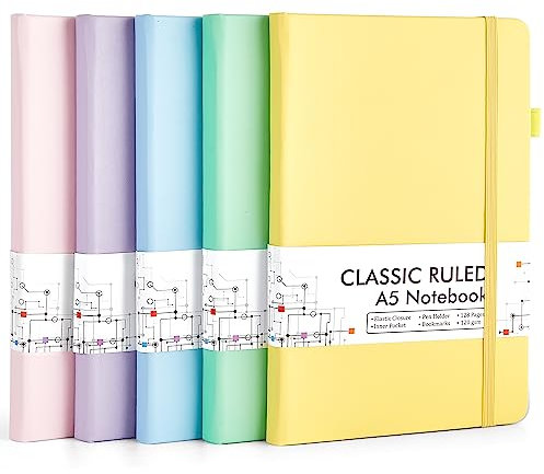 feela Notizbuch A5 liniert Hardcover, 5 buntes Notizbücher Set, Journal Buch mit 5 Gelstifte schwarz, 120 GSM, 13x21cm, Notizblock Set geeignet für Büro, Schule, für Kinder und Erwachsene, Din A5