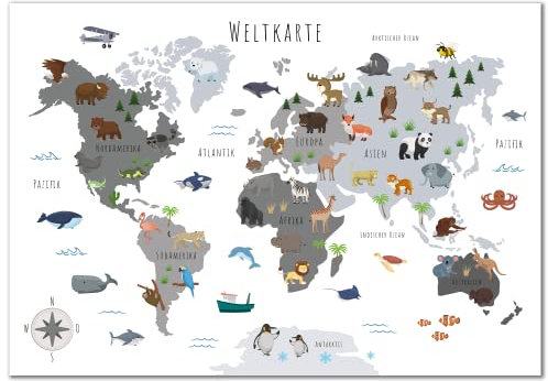 Kinderzimmer Weltkarte Poster mit mehr als 50 Tieren I Bunte Tierweltkarte Wanddeko für Jungen und Mädchen I Hochwertiger Druck (Schwarz/Weiss, 60x40cm)