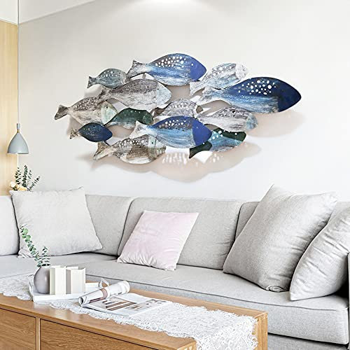 Fischschwarm Metall-Wanddekoration, 3D-Metall-Wandkunst, Fisch, Vintage-Schmiedeeisen-Kunst, hängende Kunst-Dekoration, Heimdekoration für Boot, nautischen Ozean,Large Size 71 x 30