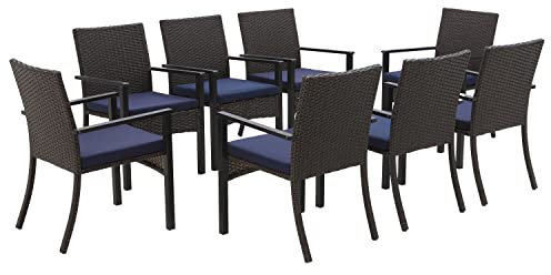 MFSTUDIO Gartenstühle 8er Set, Rattan Stühle Mit Armlehne, Outdoor Kissen Wetterfest, Garten Balkon Terrassen Möbel Set Sessel, Braun und Schwarz