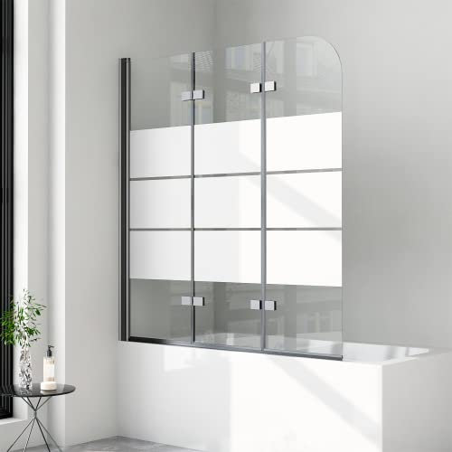 Duschwand für Badewanne 3 teilig faltbar 120x140 cm 6mm ESG Sicherheitsglas (ESG) Faltwand Milchglas Streifen Badewannenaufsatz Badewannenfaltwand Duschabtrennung für Badewanne, Schwarz
