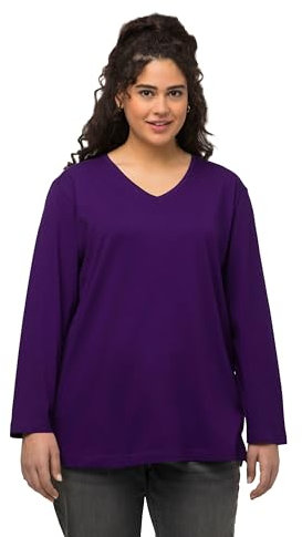 Ulla Popken Maglietta Basic a V a Maniche Lunghe, Viola Profondo, 68-70 Donna
