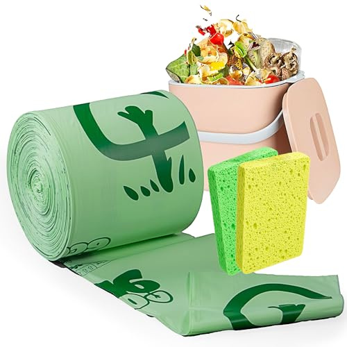 ecoME | 10L 150 Liners | Extra Thick Compostable Caddy Liners | Biodegradable Food Waste Bags | Food Waste Caddy Bin Liners | EN 13432 Certified | X2 FREE SPONGES | UK Brand (10L 150 LINERS)