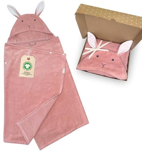 DIKOS® poncho de baño para bebé y niña rosa antiguo 70x140 cm | toalla 2 en 1 con capucha de conejito, broches, crece con ella | algodón orgánico rizo/velour, suave y absorbente | regalo de nacimiento