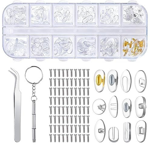 Lezed Brille Nasenpads Silikon Brillen Reparatur Set, 60 Paar Ersatz Nasenpads Mit 80 Schrauben Pinzette Kleiner Schraubendreher, 12 Stile Brillen Nasenpads, Geeignet Für Verschiedene Brille -Typen