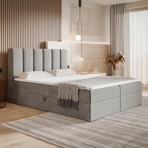 MOTIVENA Santiago Boxspringbett 180x200 mit Bettkasten und Topper, Polsterbett 180x200 mit Bettkasten, Bonellfederkern-Matratze (H4), T28 Komfortschaumstoff Topper (H3), Samt, Grau (Hellgrau)