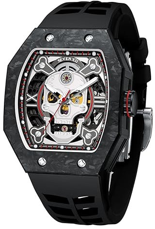 SEVEN XII Automatische Herren Uhren Tonneau Schädel Skelett Zifferblatt 70 Stunden Stromreserve Mechanische Uhren Luminöser wasserdichte Saphirspiegel Mode Luxus Uhr S001(Schwarz Kohlefaserlünette)