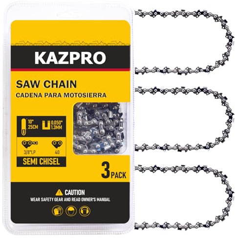 KAZPRO 10 Inch Chainsaw Chain 40 Drive Links, 3/8 LP Pitch, .050 Gauge, Pole Saw Chain Blade, Low kickback, Lubrication System, fits Echo, WORX, Sun Joe, Makita, WEN, etc, KP-S40 (3 Pack)