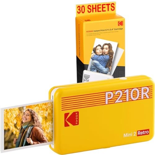 Kodak Mini-Drucker P210 Retro 2 + Kartusche und Papier für 30 Fotos – Drucker mit Bluetooth – Fotos Format CB 5,3 x 8,6 cm – Lithium-Akku – Thermosublimation 4 Pass