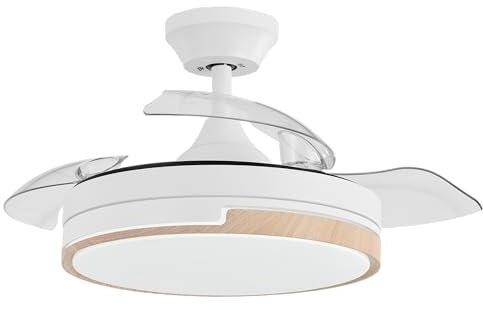 Abrila - Ventilador DC OLIMPIA | Color Blanco/Haya con tres Aspas Desplegables | con 6 Velocidades Ajustables | con 3 Temperaturas de Luz | Mando a Distancia Incluido