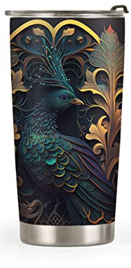 Taza Termica De Acero Inoxidable Con Tapa Y Pajita, Flor Pavo Real Estampado Personalizada Vaso Termo Cafe Para Llevar Aislado De Acero Inoxidable Para Oficina Cumpleaños 20Oz