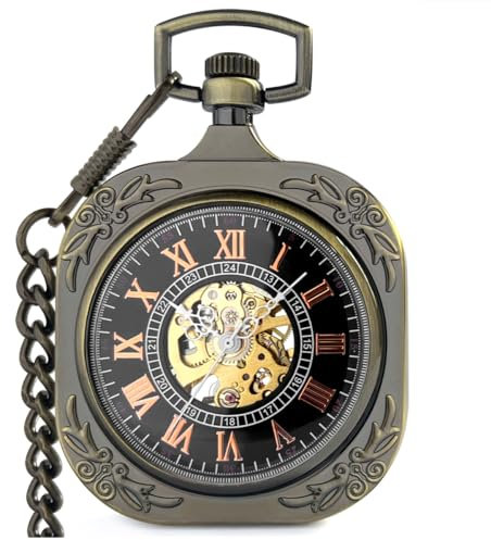 VIGOROSO Mens Classic Steampunk Pocket Watch with Chain Skeleton Hand Wind Mechanical Pocket Watches for Men & Women, Square Bronze, Steampunk