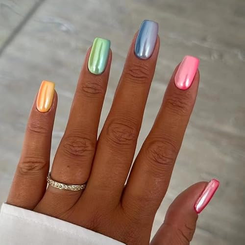 24pcs Short Square Press on Nails - Aurora Rainbow Mirror Metallic Stick-on Acrylic False Nails - Removable Glue-on Full Cover Fake Nails for Women and Brides - Nail Art Accessories