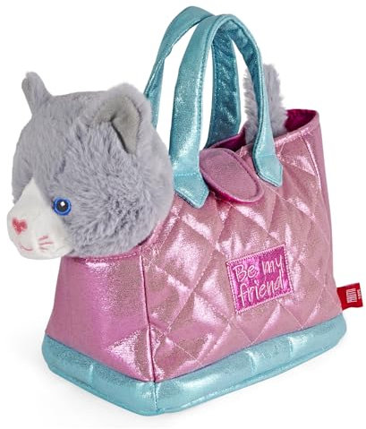 PERLETTI Kuscheltier Handtasche für Kleine Mädchen 3 4 5 6 Jahre - Weiche Kindertasche mit Abnehmbarem Plüsch für Kindergarten - Welpe Kätzchen Pudel Plüschtier (Katze)